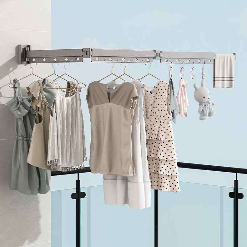 折叠免打孔晾衣架隐形伸缩壁挂防风阳台晒被子神器室内收缩凉衣杆
