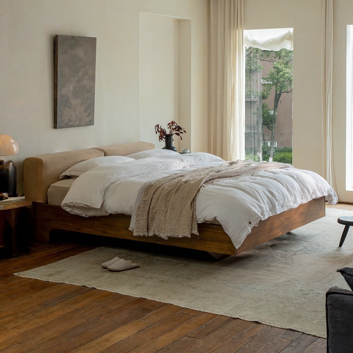 宅同学 | 亚麻柚木床中古覆古风全实木可拆洗软包主卧悬浮大床