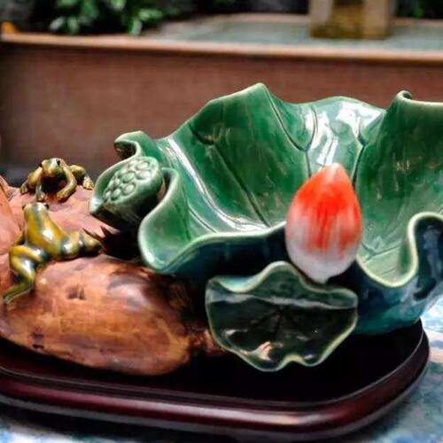 石湾公仔陶瓷荷花莲藕荷叶手工家居摆件饰品喜结莲理果盘创意礼品