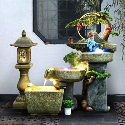 中式假山喷泉流水石臼阳台招财摆件田园造景观禅意根雕加湿器鱼池