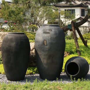 老式翁缸粗陶复古大款落地景观园林花瓶花盆土罐黑色民俗别墅装饰