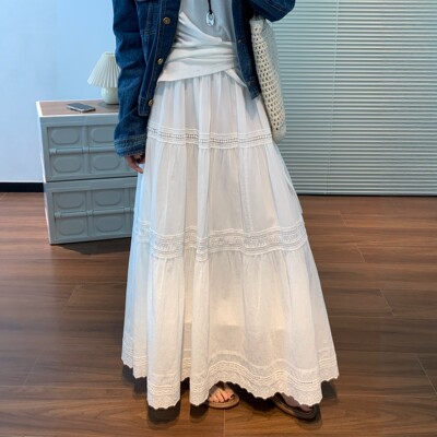 白色半身裙女2026春夏中长款A字大摆裙蛋糕裙蓬蓬伞裙蕾丝边长裙