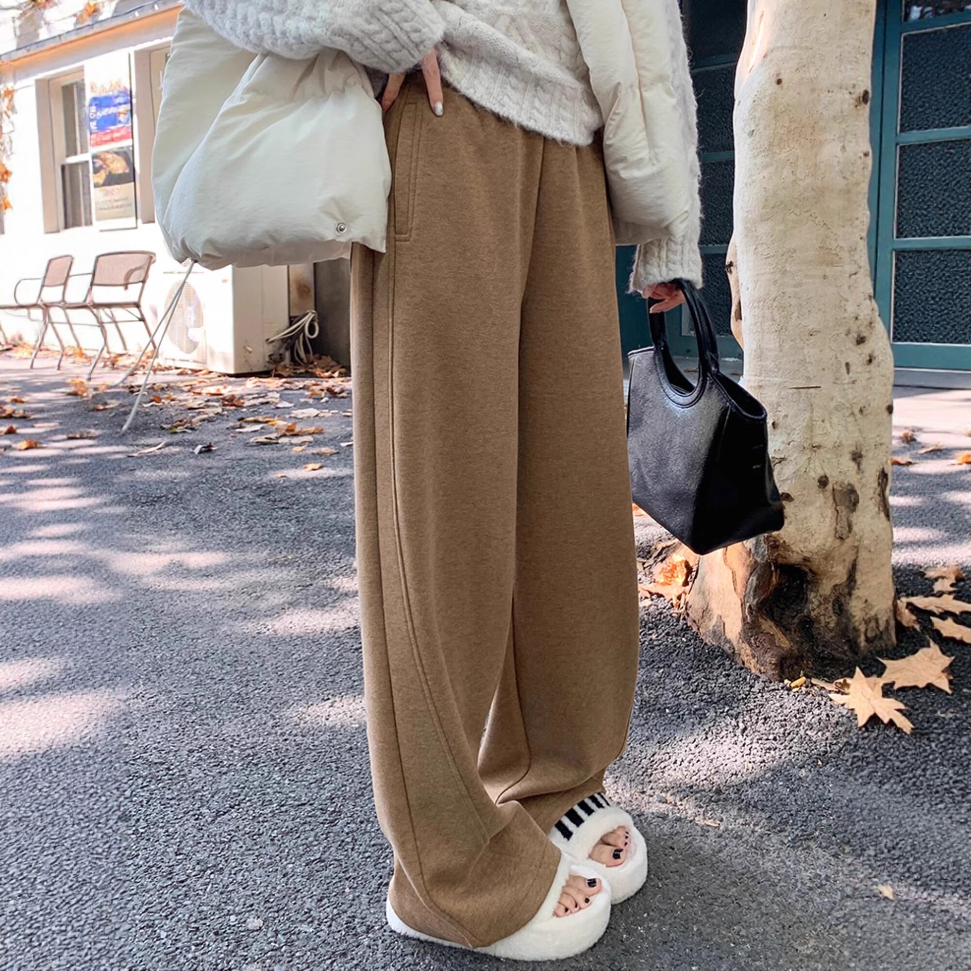 棕咖色醋酸羊毛阔腿裤女秋冬高腰垂感显瘦休闲毛呢加绒软糯糯米裤