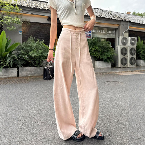 夏季高腰天丝亚麻老钱风阔腿裤