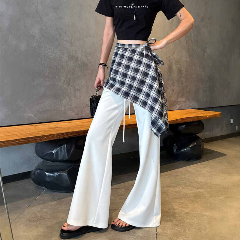 白色针织屁帘微喇裤子女26春夏复古风格子围裙裤瑜伽喇叭裤加长裤