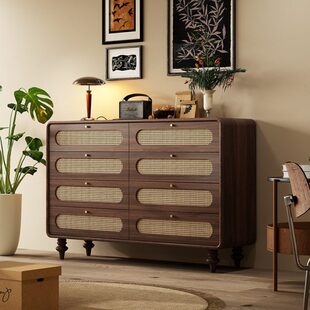 小户型古风储物柜法式斗柜实木复古餐边柜藤编中客厅玄关柜五斗柜