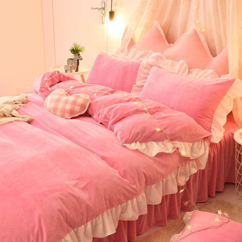 牛奶绒四件套冬季加厚法兰珊瑚绒被套床单公主床裙床笠罩床上用品