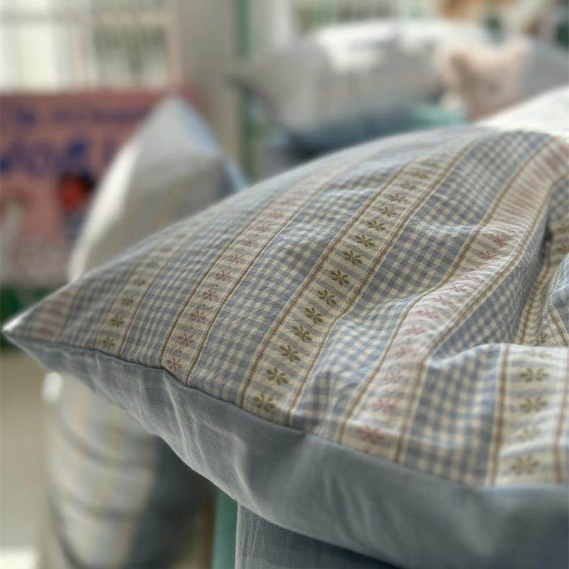 水洗棉简约提花格子蓝色床上四件套全棉1.5m1.8米公寓被套三件套