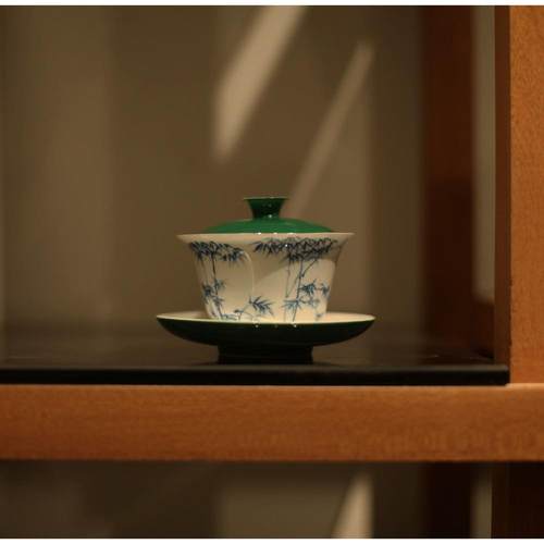 |竹叶绿|手绘竹逸三才盖碗 釉下彩 若深 防烫好用好出水