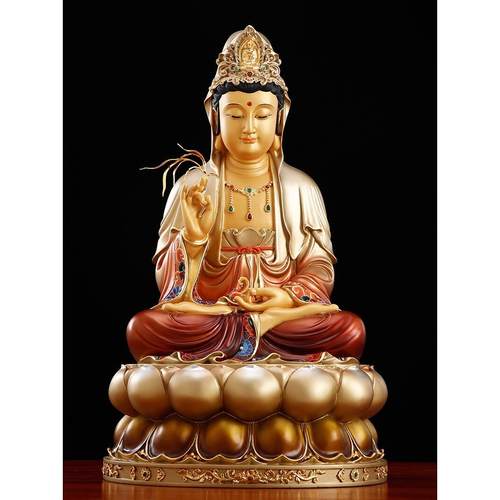 纯铜彩绘观音菩萨家拜坐莲观音佛像观音神话三圣铜像饰品