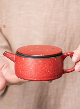 柿红釉点金汉瓦壶复古手工小茶壶中式陶瓷功夫茶具家用泡茶单壶