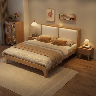 实木床简约现代单人高级软包床家用1.8米卧室小户型原木双人床架
