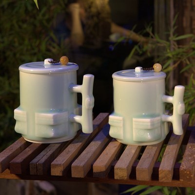 古婺窑火 玉青瓷  陶瓷茶杯 四方如意养心对杯 套装