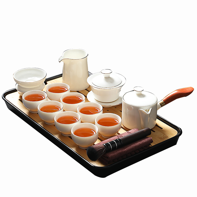 德化白瓷茶具套装家用高档描金侧把茶壶羊脂玉瓷泡茶盖碗茶杯礼盒