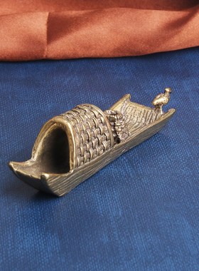 复古典藏国风艺术黄铜摆件古法手工匠作乌篷船渔家香插桌面茶宠文