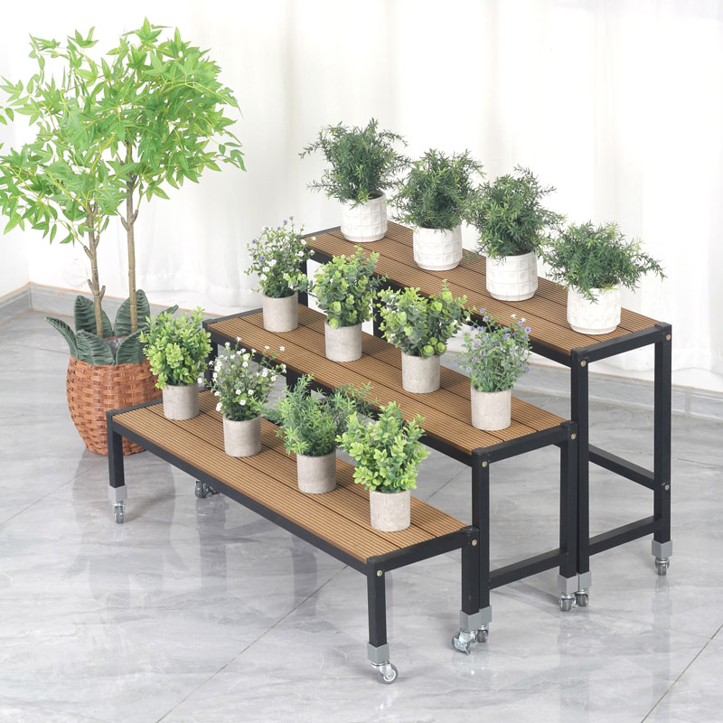 带轮可移动花架置物架阳台家用阶梯式铁艺实木多肉花盆庭院