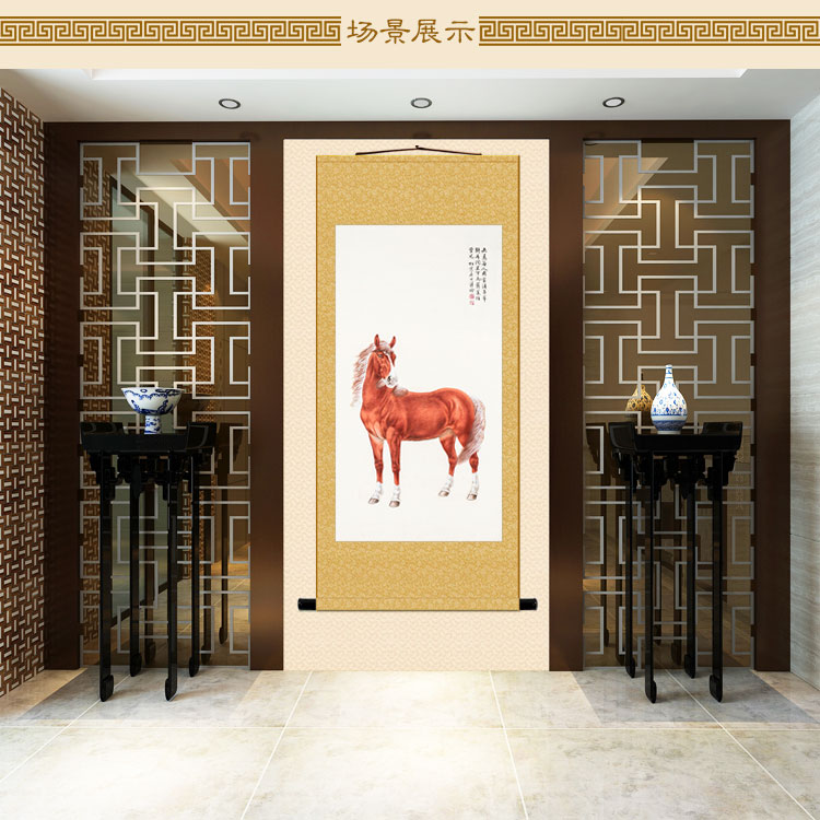 赤兔马画像 动物画 绢布卷轴挂画 书房客厅装饰字画来图定制订做图片