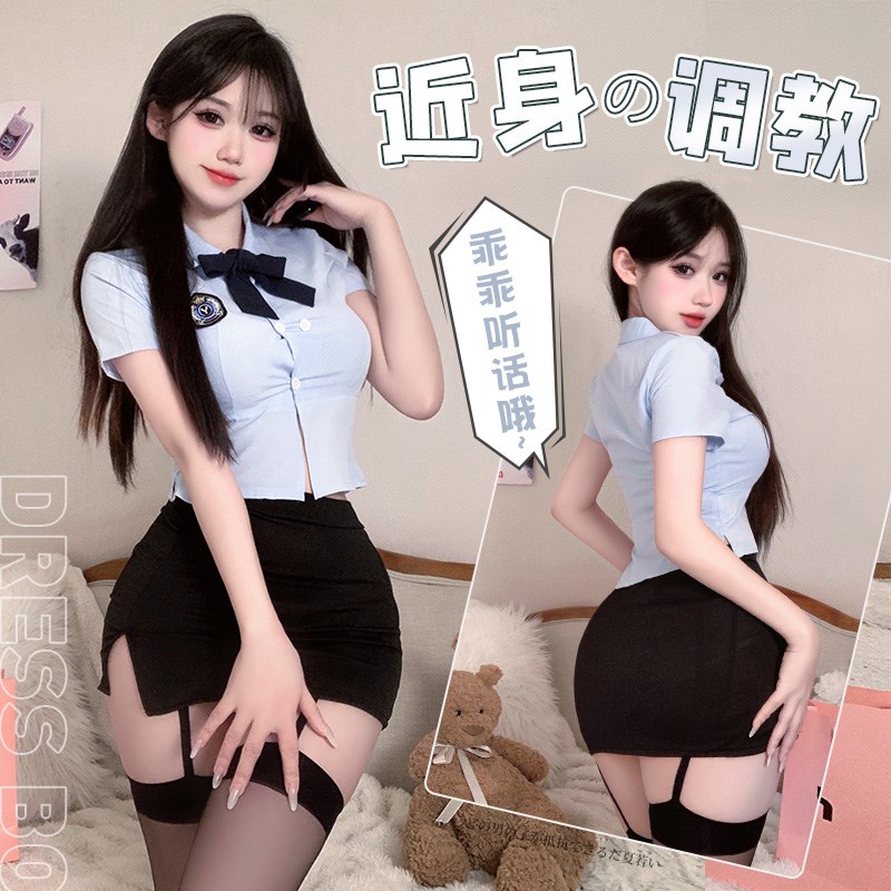 JK制服纯欲风辣妹性感套装夏学院风收腰教官领衬衫短包臀裙四件套
