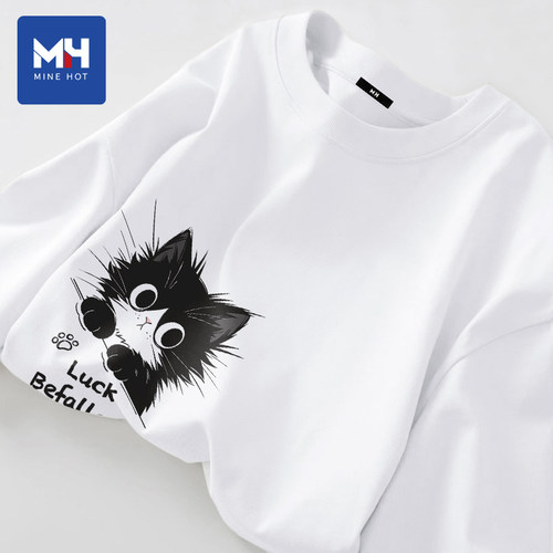 唐狮集团MH卡通猫咪长袖t恤男女秋季青少年上衣初中生纯棉打底衫
