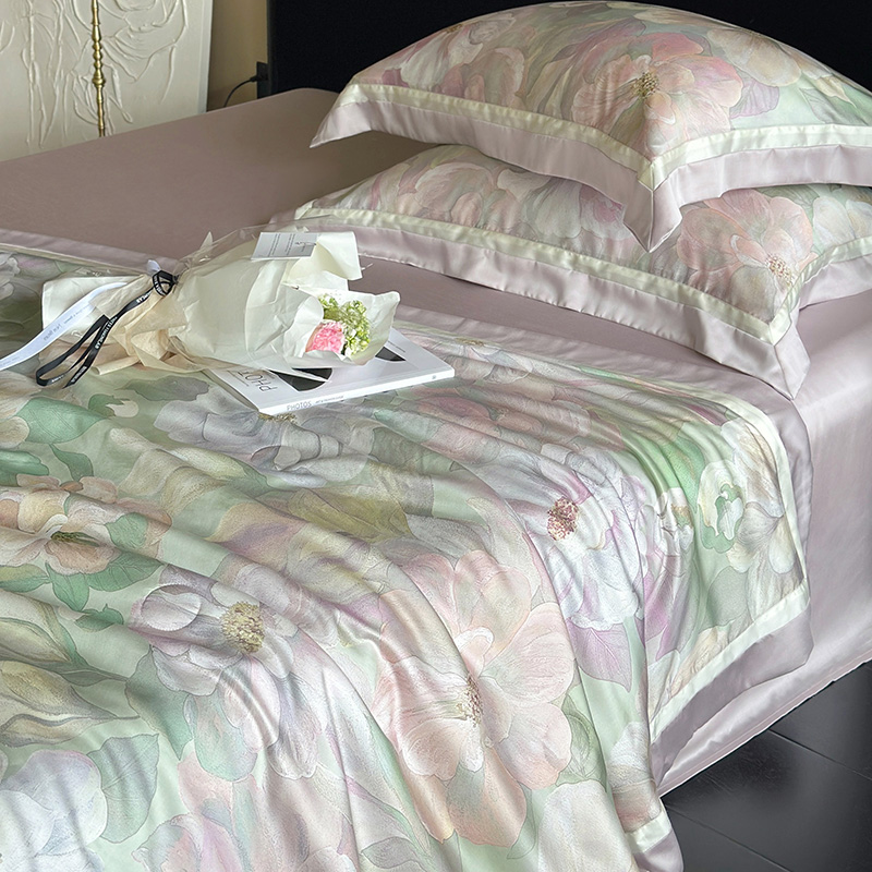 夏季田园60S兰精天丝夏凉v被四件套可水洗凉感夏被双人空调薄被子