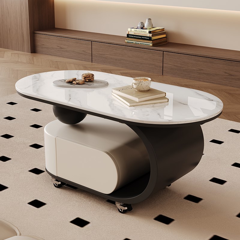 轻奢风可移动岩板茶几客厅v沙发边几桌家用小户型椭圆形储物高级