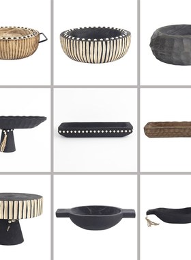 Wabi-Sabik风格实木黑白托盘炭黑高果盘长盘桌面储物碗装饰摆件