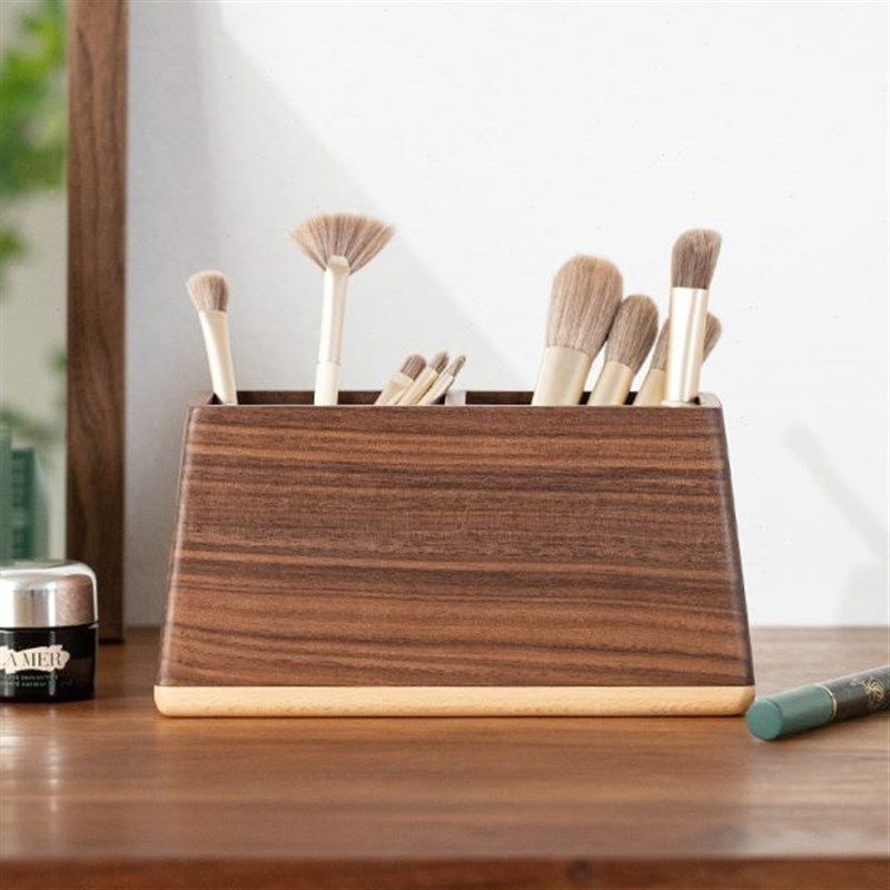 黑胡桃实木桌面化妆刷收纳盒高级感梳妆台整理盒粉U扑化妆笔收纳