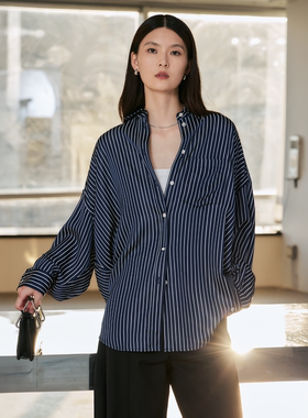 S-RUN进口醋酸条纹蓝色衬衫女秋高级感长袖宽松休闲衬衣慵懒风