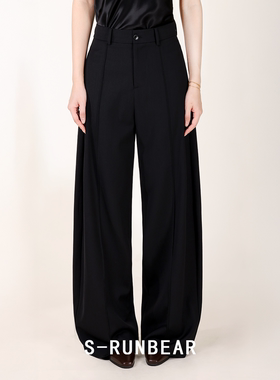 SR时润贝而弯刀阔腿裤女精纺羊毛休闲西装裤秋冬