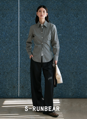 S-RUNBEAR时润贝而格纹衬衫修身收腰M*U风黑白格子衬衣