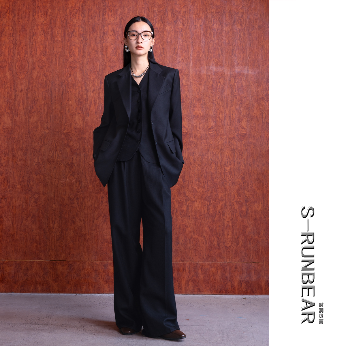 S-RUN时润贝而  西装套装女黑色精纺羊毛高级感西服三件套