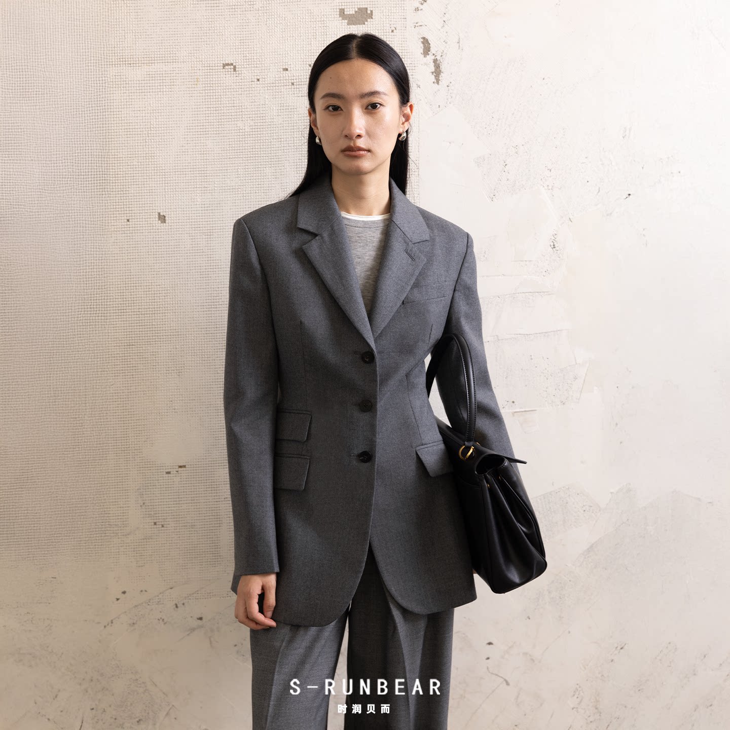 SR时润贝而 西装外套女收腰灰色气质正肩高级感羊毛西服修身黑色