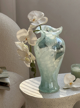 法式蓝色中古芬顿玻璃花瓶轻y奢插花水培造型花器高级感玄关摆件