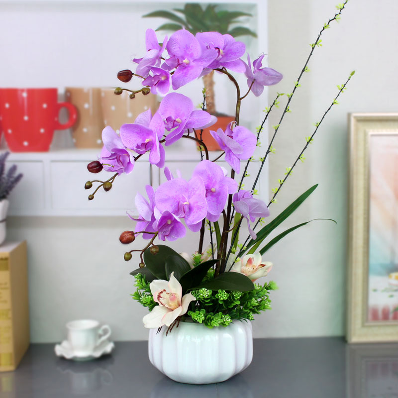 pu手感仿真花蝴蝶兰套装客厅过胶假花摆件花艺装饰品室内兰花盆栽