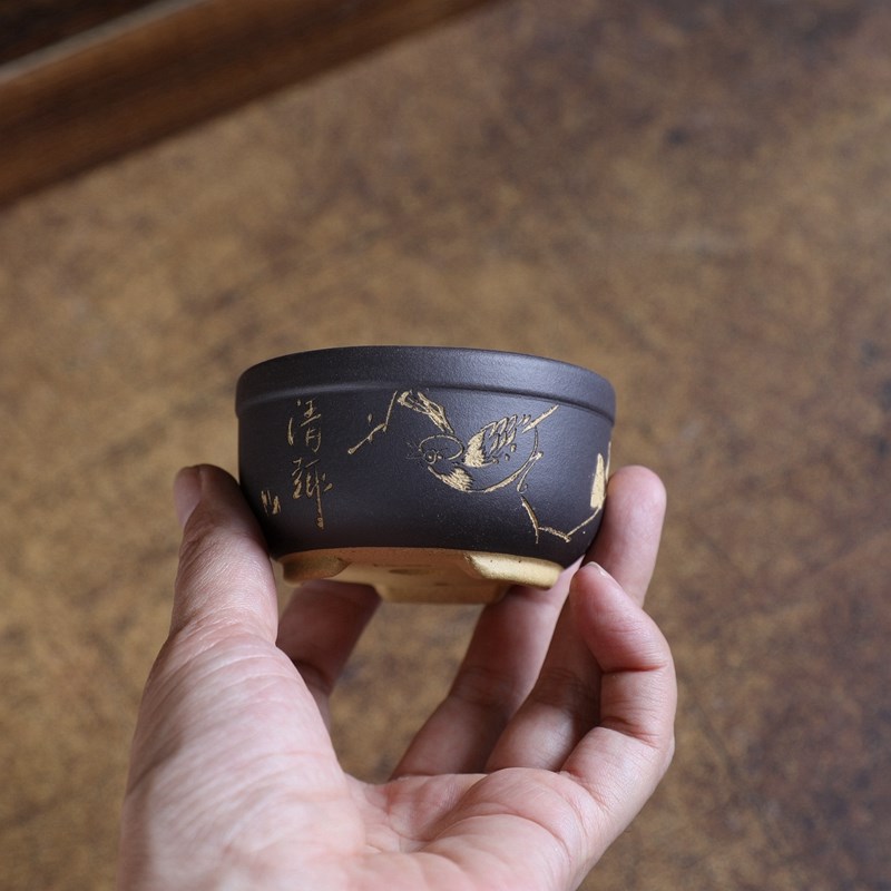 粉浆小宽边暖暖精选手工微型盆景绿植菖蒲花盆紫砂刻绘小鸟