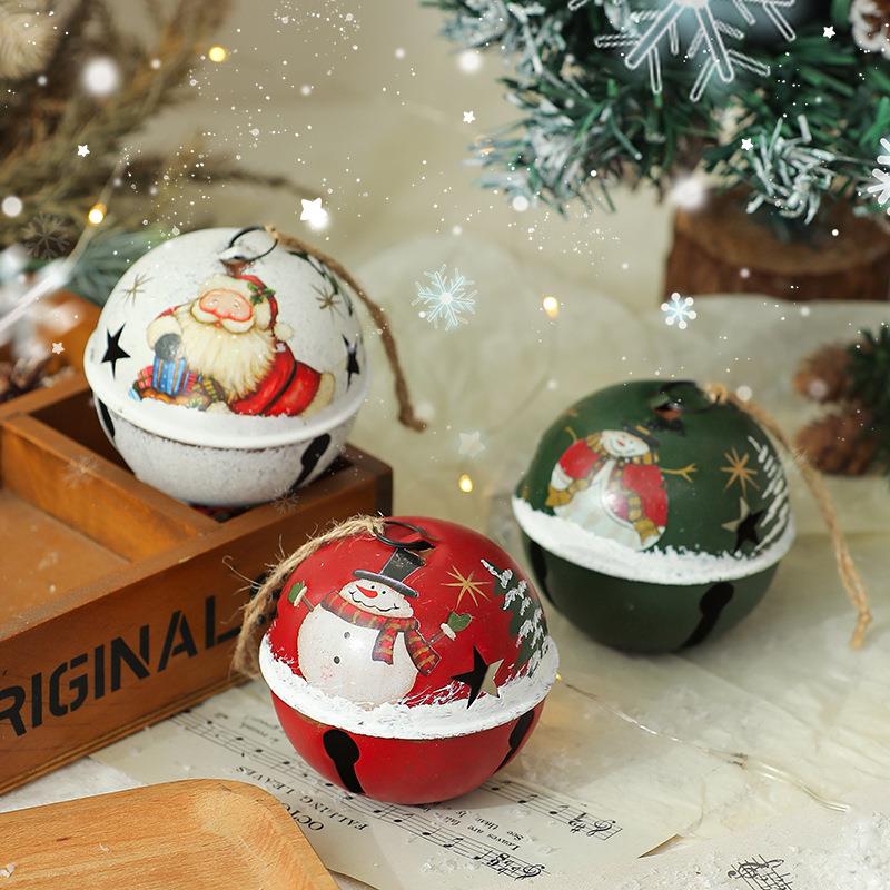Christmas Bell Ornament - Vintage Iron Snowman Santa Deco