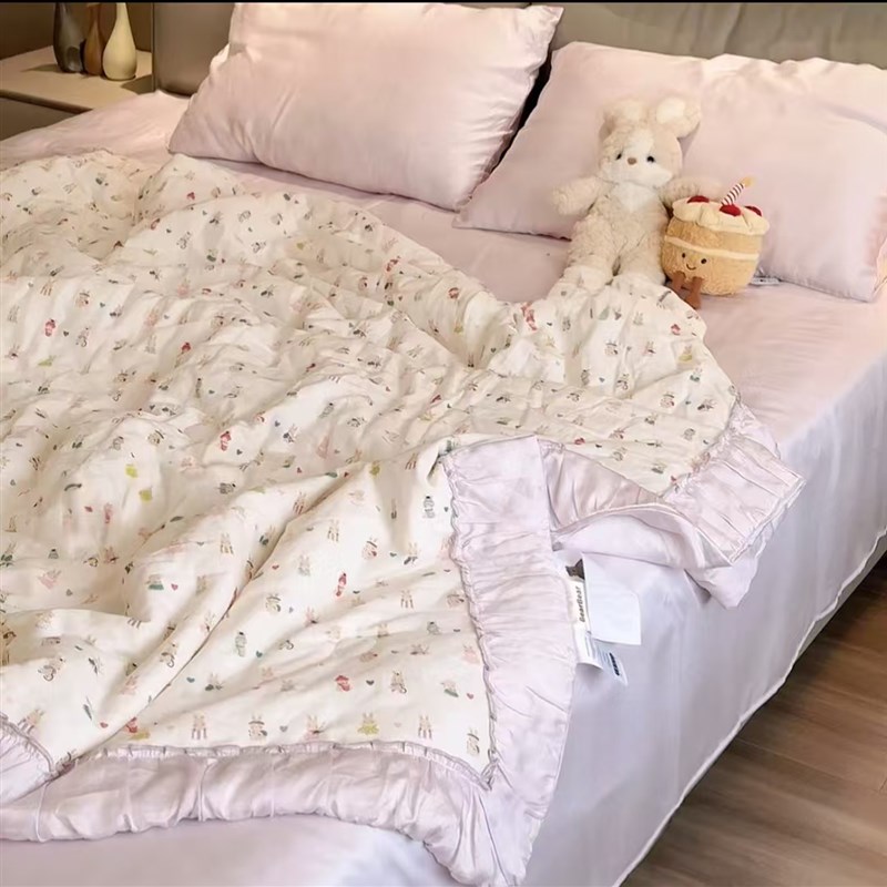 抖音爆款A版全棉k双层纱B版莱赛尔天丝夏被花边夏凉被四件套可机