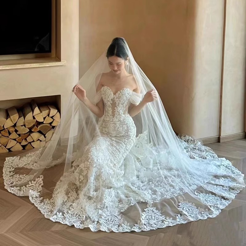 新娘主婚纱头纱长款拖尾珍珠蕾丝复古简约森系网红拍照道具头纱