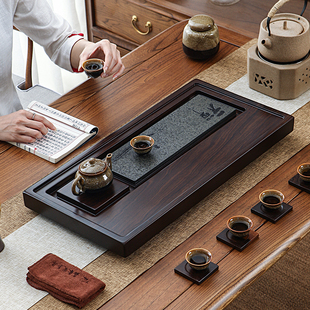 茶海盘托乌金石大号原木泡茶小茶台 黑檀实木茶盘整块家用中式