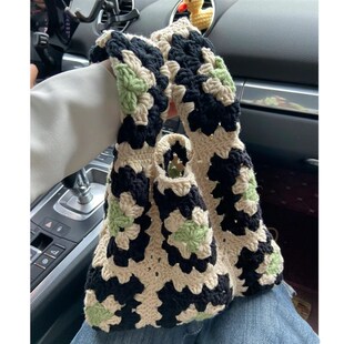 笑脸别针棋盘格包手工编织包包diy材料包毛线钩针单肩包送女朋友