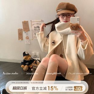 呢双面羊毛大衣外套米冬季 韩纯色ai女系e呢子大衣洛斯岛 n短款
