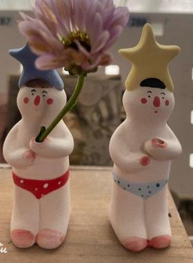 小人的星星梦手绘釉下彩高温陶瓷摆件香插迷你可爱花插桌面摆设品