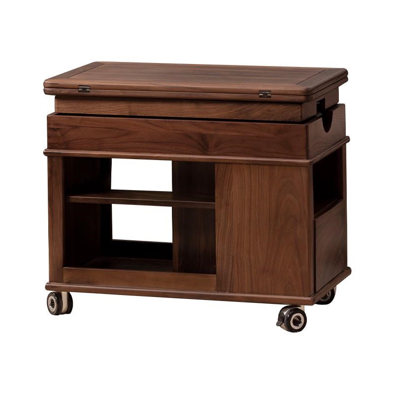 黑胡桃木可移动折叠边几家用客厅中古风升降实木茶几小桌子小推车