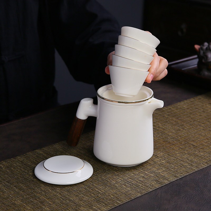 便携式旅行茶具白瓷套装户外泡茶喝茶装备全瓷孔过滤快客一壶四杯
