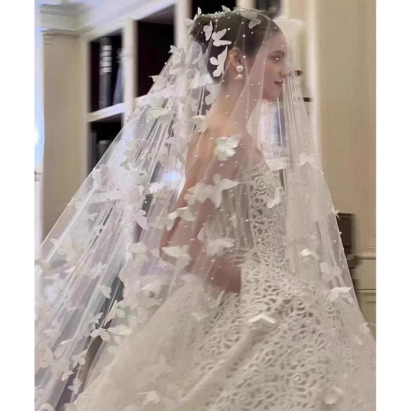 拖尾头纱新娘主婚纱奢华结婚头饰超仙飘逸高级感白色蝴蝶珍珠长款
