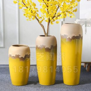 客厅黄色陶瓷罐花盆摆件样板间陶缸插花罐摆件酒店别墅落地大花瓶