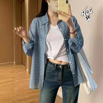 2025新款新款慵懒风休闲蓝色格子衬衫女春夏秋宽松百搭长袖防晒外