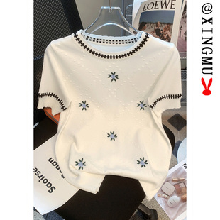 女装 夏季 刺绣小香风冰丝针织衫 2025新款 t恤减龄洋气 短款 上衣短袖
