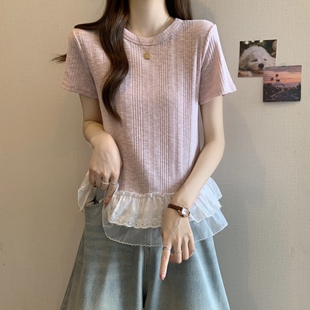 女装 粉色蕾丝花边拼接短袖 大码 T恤2025夏季 胖mm显瘦遮肚上衣 新款