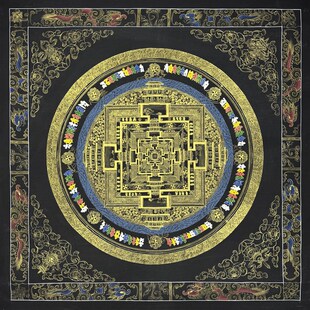 爆款 饰挂画 唐卡纯手工画布一米黑金时轮金刚坛城尼泊尔西藏玄关装